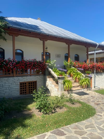 The image depicts the exterior of a building with a traditional Romanian architectural style, located in the village of Filioara, Romania. The building features a white facade, a grey tiled roof with wooden trim, and a covered porch supported by wooden columns. The porch is adorned with a railing filled with vibrant red and white flowers. A set of stone steps leads up to the porch, lined with potted plants, including large green leafy plants and purple flowers. The building's lower level is constructed with stone bricks and has a wooden door with a patterned design. The surrounding area is landscaped with grass, small bushes, and a stone pathway. The sky is clear and blue, indicating a sunny day. A sign is mounted on the wall of the building.