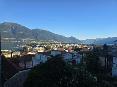 The image presents a panoramic view of the city of Muralto, Switzerland, overlooking Lake Maggiore. The foreground features the rooftops of residential buildings with red-tiled and flat roofs, interspersed with lush green foliage. In the mid-ground, a dense urban landscape unfolds with a variety of buildings, including apartment blocks and smaller houses, some with balconies. The architecture is varied, with some older structures and more modern designs.
Beyond the city, the expansive, calm waters of Lake Maggiore stretch towards the horizon. The lake is dotted with numerous white sailboats docked at a marina. Across the lake, a range of green, tree-covered mountains rises dramatically, forming a majestic backdrop. The sky is clear and a vibrant blue, with a faint contrail visible in the upper left quadrant. The overall lighting suggests it is either early morning or late afternoon, with the sun casting a gentle glow on the scene. There are no people visible in the image. A construction crane is also visible on the left side of the lake.