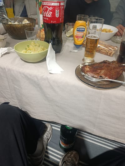 Here's a detailed description of the image:
**Scene Overview:**
The image depicts a close-up view of a table laden with food and drinks, and a partial view of a person seated at the table. The setting appears to be indoors, likely a home dining area. A striped mat is visible under the table.
**People:**
Partial views of several people are seen. One person is visible from the waist up, wearing a dark top. The legs and shoes of another person are visible beneath the table.
**Subjects and Objects:**
* **Food and Drink:** A large spread of food is present, including a bowl of salad, a bowl of potato salad, a plate of roasted meat with a fork, a bottle of Coca-Cola (2 liters), a bottle of beer, a bottle of Hellmann’s Cheddar sauce, a beer glass filled with beer, a glass of orange juice, and a bowl of crisps.
* **Table Setting:** The table is covered with a light-colored tablecloth.
* **Personal Items:** A person is wearing pants and grey sneakers.
**Actions and Interactions:**
The image suggests a casual meal or gathering. People are presumably eating and drinking.
**Environment:**
* **Location:** No definitive indicators of the city of Silistra are visible in the image.
* **Ambience:** The scene appears relaxed and informal. The lighting is relatively bright.
**Note:** This description is based purely on the visual content of the image.