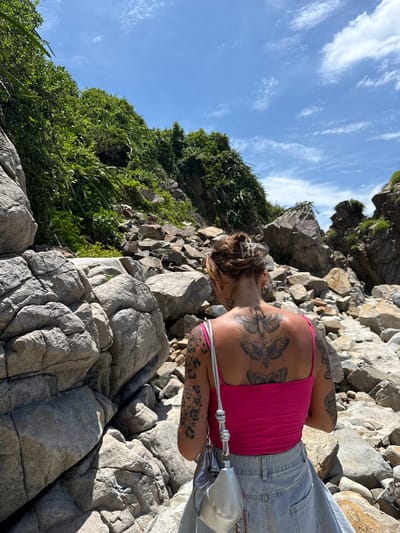 A person with tattoos walks along a rocky, overgrown coastline under a partly cloudy blue sky. The person, facing away from the camera, wears a pink tank top and denim shorts. Their back is adorned with large butterfly tattoos and other designs on their arms. A silver handbag hangs from their shoulder. The environment consists of large, grey rocks, dense green foliage, and a rugged, natural landscape. The scene is consistent with a coastal area like Vĩnh Lương, Vietnam, characterized by its rocky shores and lush vegetation.