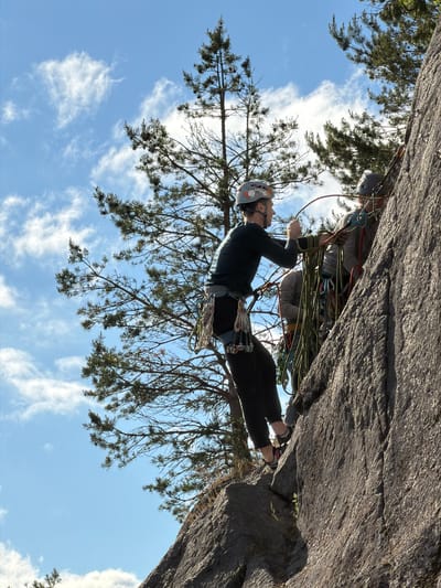 In a sunlit outdoor scene with a bright blue sky dotted with white clouds, two individuals are engaged in rock climbing on a large, grey rock face. The climber in the foreground, wearing a dark long-sleeved shirt, black pants, and a grey helmet with colorful stickers, is positioned on a ledge, holding climbing ropes. He is wearing climbing shoes and has a harness with multiple carabiners and quickdraws attached. Behind him, another climber, also wearing a helmet, is partially visible, further up the rock face, holding onto the ropes. Several coiled ropes of various colors, including green and yellow, are visible. Pine trees with green needles and thin branches are interspersed on the left side of the frame, extending upwards against the sky. The rock face is rough and textured, with evident cracks and contours that offer handholds and footholds. The lighting suggests it is daytime, possibly late afternoon, given the warm highlights on the rock. The image does not provide any specific information about the location being in the city of Kulikovo, Russia.
