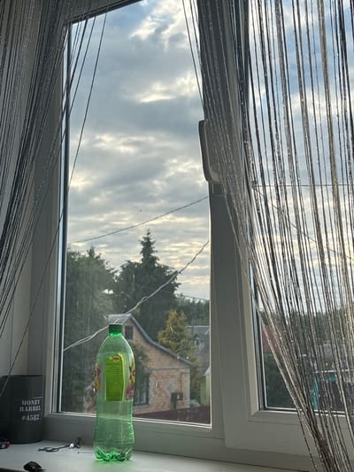 The image depicts an indoor scene, looking through a window at an outdoor environment. The window is adorned with sparkling string curtains on both sides. In the foreground, on the windowsill, rests a large, transparent green plastic bottle of Lipton iced tea. To the left of the bottle, a dark cylindrical object with "MONEY BARREL #4582" printed on it is visible. A pair of scissors and a few small, dark objects are also present on the windowsill.

The window provides a view of a suburban or rural landscape under a cloudy sky. Several trees, predominantly green conifers and deciduous trees, are visible. In the background, the roofs of houses can be seen, suggesting a residential area. Power lines are strung across the sky. The overall atmosphere appears to be that of a quiet, overcast day. The specific location of Kobryn, Belarus is not directly evident from visual cues within the image itself, but it is stated as context for the scene.