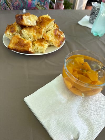 A plate of baked pastry, possibly a banitsa, sits on a brown tablecloth. The pastry is cut into squares and stacked on a white plate. In the foreground, a glass bowl filled with sliced peaches in syrup is placed on a white napkin. To the right of the pastry, a patterned mug and a partially visible turquoise plastic bottle are present. In the background, a person wearing a brightly colored patterned top is partially visible. The setting appears to be outdoors, possibly a backyard or garden area in the city of Tvarditsa, Bulgaria.