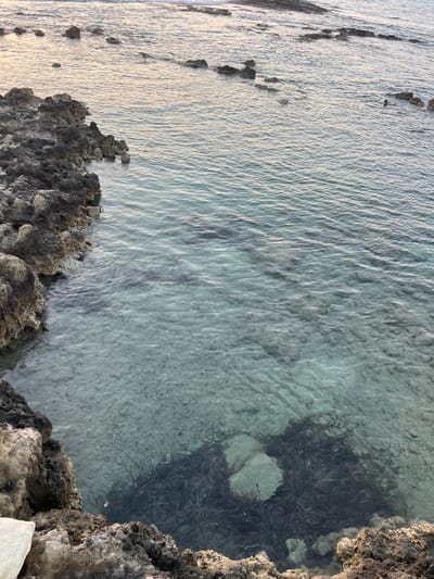 This is a high-angle, full-shot photograph of a rocky coastline with clear, shallow water. The foreground is dominated by dark, textured volcanic rocks on the left and lower edges of the frame. The water, which occupies the majority of the image, is exceptionally clear, allowing visibility of the sandy, pebble-strewn seabed and scattered dark seaweed. The water surface is slightly rippled, catching the light, and the distant sea exhibits a soft, hazy quality, suggesting either dawn or dusk. No people or animals are visible. The environment appears to be a natural, undeveloped coastal area.