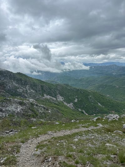 The image captures a landscape in Lijeva Rijeka, Montenegro. It features a dramatic vertical composition of mountain terrain, lush green vegetation, and an expansive cloudy sky.
The foreground presents a steep, rocky slope interspersed with patches of green grass. Further down, a dense green forest covers the mountainside. In the distance, layered mountain ranges fade into a hazy blue. The sky is filled with thick, gray clouds, creating an overcast atmosphere.