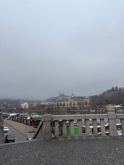 A hazy cityscape is viewed from a bridge. On the right, a stone railing and cobblestone street are visible. Cars are parked alongside buildings along the river. The city skyline features churches and buildings obscured by the mist and fog. Trees line the hill, and the sky is overcast, contributing to the overall grayness of the scene.