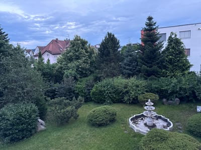 This image depicts a garden scene on an overcast day. The sky is filled with heavy, grey clouds. In the foreground, a well-maintained lawn is dotted with small white flowers. To the right, a decorative fountain, appearing aged and possibly non-functional, is surrounded by sculpted bushes. Further into the garden, various trees and dense shrubbery create a lush, green environment. Some of the trees are tall and mature, with one particularly prominent evergreen in the center. In the background, the rooftops of houses with red-tiled roofs and white residential buildings are visible, suggesting an urban or suburban setting. The architecture of the houses, particularly the pitched roofs and window styles, points towards a European location. The overall mood is calm and serene, characteristic of a garden setting. There is no discernible activity or people in the frame. The lighting suggests it is late afternoon or early evening, with the overcast conditions muting the natural light. The location context provided is Rheinfelden (Baden), Germany. No visible text is present in the image.