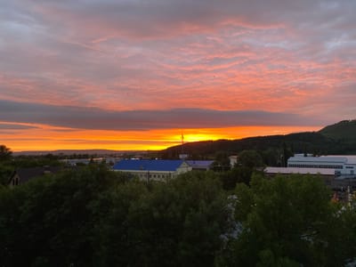 The image depicts a sunset over a city, likely Oktyabrsky, Russia, characterized by a vibrant sky and a landscape featuring buildings, trees, and a distant hill.
The sky is dominated by a dramatic sunset, with hues of orange, yellow, and pink blending across the clouds. The lower portion of the sky is a brilliant orange, transitioning to softer pinks and grays towards the top. Small, dark specks, possibly birds, are visible against the colorful sky.
In the middle ground, a collection of buildings forms the urban landscape. A prominent structure with a blue roof and yellow accents stands out, suggesting it might be a public or industrial building. To its right, other buildings with white roofs and facades are visible, some appearing to be industrial or commercial in nature. A single tower-like structure, possibly a communication tower or part of a construction crane, is silhouetted against the bright sunset.
The foreground is filled with lush green trees, their dense foliage obscuring parts of the lower buildings and creating a natural buffer between the viewer and the cityscape. The trees vary in density and shade, adding depth to the scene.
In the background, a dark, forested hill or mountain rises, its outline softened by the distance and the sunset light. The overall impression is one of a city at the edge of nature, bathed in the warm glow of a setting sun. The scene is devoid of any visible people or overt human activity, focusing instead on the interplay of natural light and the built environment.