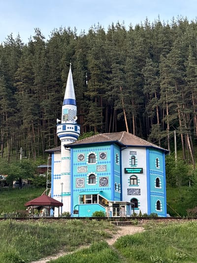 The image shows a mosque, located in Cherna Mesta, Bulgaria, surrounded by a dense forest. The mosque features a slender minaret with a pointed, silver spire. The building's exterior is decorated in blue and white with patterned details and Arabic calligraphy. A sign is visible above the entrance of the mosque. A pathway runs along the side of the building through grassy vegetation. In the background, tall pine trees dominate the landscape under a bright sky.