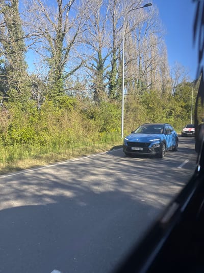 The image depicts a daytime scene on an asphalt road in the city of Ianeti, Georgia. A blue Hyundai Kona Electric SUV, displaying Georgian license plate TA-797-NA, is positioned on the road, traveling away from the camera's perspective. A driver is discernible inside the blue vehicle. Further down the road, a second, partially obscured vehicle with red and white markings follows. The road features a solid white line along its visible right edge, and numerous distinct shadows from overhead trees are cast across its surface. To the left of the road, a dense bank of vegetation includes green bushes and trees, many of which are bare-branched, while others retain green foliage and ivy growth. Two grey streetlights, each with a luminaire, stand vertically along the left roadside. Above the trees, the sky is clear and blue, indicating sunny weather.