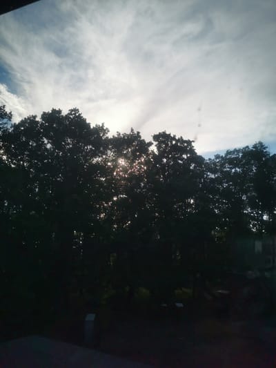 The image depicts a silhouetted view of a dense line of trees against a cloudy sky. The sun is partially visible through the foliage, creating a bright glare and highlighting the edges of the leaves. Wispy clouds are spread across the sky, suggesting a partly cloudy day. The lower part of the image is dark, showing a hint of a paved surface and some indistinct structures, possibly part of a yard or a building's foundation. The overall impression is a natural outdoor scene, likely taken during daylight hours, possibly late afternoon or early morning given the low angle of the sun and the dramatic lighting. The location context provided is Elhovo, Bulgaria. There is no visible text in the image.