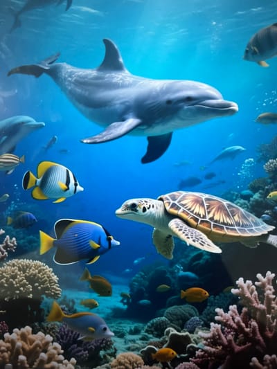 The image depicts an underwater scene with a diverse marine ecosystem. A large dolphin is prominently featured in the upper portion, swimming through clear blue water. Several smaller fish of various colors and species are scattered throughout the frame, some swimming individually and others in small groups. A sea turtle glides gracefully through the middle ground, its patterned shell clearly visible. The seabed is adorned with vibrant coral formations and rocks, suggesting a healthy reef environment. The lighting indicates a bright, sunlit day, with light rays penetrating the water. There are no people present in the image. The scene is devoid of any elements that would place it specifically in the city of Cadek, Indonesia; it represents a generic underwater marine environment.