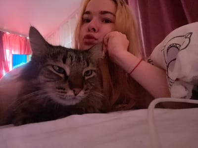 A young woman with blonde hair lies in bed with a cat. The woman is resting her head on her hand, and the cat is lying next to her. The room is dimly lit, with pinkish light illuminating the scene. There are pink curtains in the background, and a pillow with a shark design is visible to the right of the woman. The setting appears to be a bedroom in a home located in Tikhoretsk, Russia.