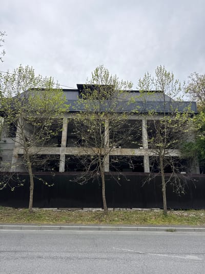 The image depicts a three-story, unfinished or abandoned building in Assinovskaya, Russia. The structure features a concrete frame with large, open window spaces, and a dark, corrugated metal cladding. The building sits adjacent to a paved road, with a narrow strip of grass and vegetation separating it from the pavement. Several young trees with sparse green leaves are positioned in front of the building, partially obscuring the facade. The sky is overcast, suggesting a dull or cloudy day. There are no people visible in the image.