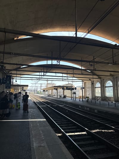 This is a photograph of the train station in Nîmes, France. The image shows a train platform with several tracks stretching into the distance. A large, curved concrete roof covers the platform, with openings that allow sunlight to stream through. Passengers are visible on the platform, some with luggage, waiting for trains. The architecture of the station is visible, including arched windows and a building with a colonnade on the right side of the image. Overhead power lines for the trains are also prominent. The scene is bathed in natural light, creating strong contrasts between light and shadow.