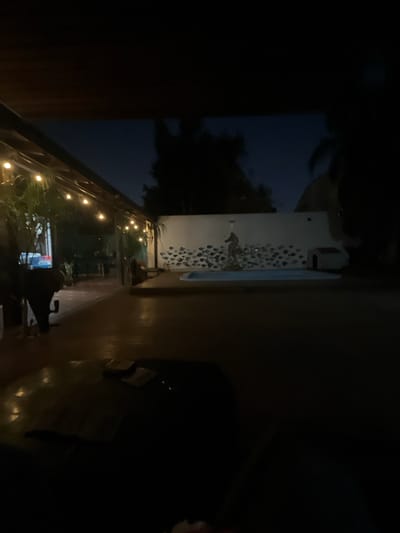 The image shows an outdoor area in Ramos Mejía, Argentina, at night. A structure with string lights is visible, illuminating a patio or walkway. A white wall with decorative elements, possibly a water feature, stands adjacent to the walkway. Dimly lit plants are present in the foreground. There is a person at a table near the plants.