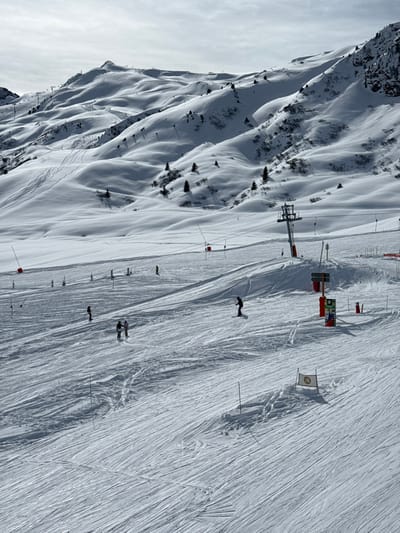 The image displays a vast snow-covered mountain landscape, identified as a ski resort in Saint-Martin-de-Belleville, France. The scene is presented under a bright, partially cloudy sky, illuminating undulating snow-covered peaks, ridges, and ski slopes. Scattered dark green conifer trees are visible on some of the mid-ground slopes.
In the middle-ground, slightly right of center, a prominent metal ski lift pylon, marked with red at its base, stands anchored in the snow, supporting overhead cables. Adjacent to the pylon, a multi-panel wooden signpost displays various green, yellow, and red trail information markers. Multiple red vertical poles are distributed across the slopes, likely indicating boundaries or specific areas.
The foreground is a wide, groomed ski slope exhibiting numerous parallel ski tracks. Eight individuals, appearing as skiers, are present on this slope. One skier in dark clothing is actively descending the slope towards the lower-left. Another skier, also in dark attire, is positioned further left, likewise descending. In the central mid-ground, two skiers, one in lighter-colored outerwear and another in a darker outfit, are standing stationary. Four additional, less distinct figures, presumably skiers, are visible further up the slope to the left. A small white triangular sign featuring a circular brown emblem is situated in the lower-right foreground. The environment indicates active winter sports recreation.