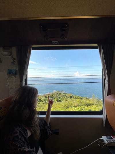 A person is seated inside a train or similar vehicle, looking out a window. The person has long, dark hair and wears a dark, patterned shirt. Outside the window, a scenic view of a coastline is visible with green vegetation and blue water. The sky is partly clear. Overhead power lines cross the view. The train has brown interior walls with control panels. A water bottle is visible below the window. The scene depicts a moment of travel, observing the natural beauty of the coast from a moving vehicle. The location is uncertain.