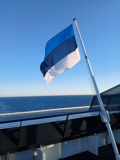 The image depicts the flag of Estonia fluttering against a clear blue sky. The flag is mounted on a white flagpole, which is attached to the deck of a ferry or ship. The ship's railing and some of its superstructure are visible in the foreground and midground, suggesting an outdoor setting. Beyond the ship, a vast expanse of blue water stretches to the horizon, indicating the presence of a sea or large body of water. The sunlight suggests it is daytime. The scene is devoid of any people or specific landmarks that would pinpoint a location within Helsinki, Finland.