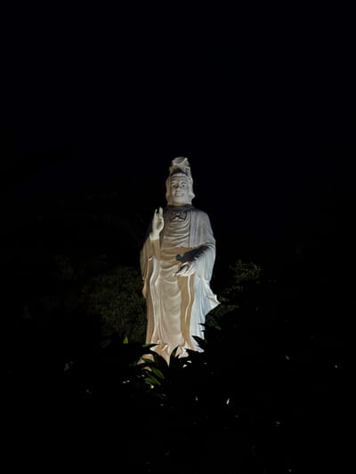 A white, illuminated statue of a deity stands against a dark, nighttime background. The statue is in a full-body pose, with its right hand raised in a gesture of blessing or protection, and its left hand holding an object that is partially obscured by foliage. The statue's robes are draped, and its hair is styled in an elaborate headdress. The statue is surrounded by dark green foliage, with some of the leaves in the foreground partially obscuring the base of the statue. The lighting emphasizes the statue's form and details, while the surrounding darkness creates a sense of depth and mystery. The background appears to be a natural landscape, likely in the city of Lý Sơn Special Administrative Region, Vietnam, given the context.