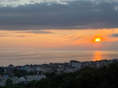 The image depicts a panoramic view of the city of Adlerskiy, Russia, at sunset. The sky is a canvas of warm oranges and soft pinks, transitioning to darker gray clouds near the top. The sun, a bright orange orb, is setting over the calm, reflective surface of the sea, casting a shimmering path of light across the water. In the foreground, a densely populated cityscape with a mix of architectural styles, including multi-story buildings and smaller houses with red-tiled roofs, is nestled amongst lush green trees. Some buildings have visible signs and windows. The coastline is lined with structures, and a few boats are visible in the distance on the water. The overall scene suggests a peaceful evening in a coastal city.