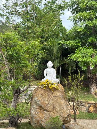 A statue of a meditating figure is positioned atop a large rock, adorned with yellow and white flowers. Lush green foliage surrounds the statue and rock, partially obscuring the background. The location is likely Liên Nghĩa, Vietnam.