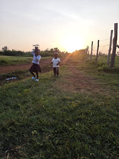 Two children stand near a grassy area, bathed in the warm glow of a sunset. The girl, in a white top and dark skirt, has her hands near her head. Beside her, a boy in a light shirt and dark pants stands. A dirt path stretches behind them towards the setting sun, bordered by a rustic fence on one side and vegetation on the other. A tower-like structure is visible in the background.