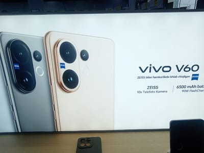 This image depicts an interior scene, likely an electronics or mobile phone store, located in Shofirkon, Uzbekistan. The central focus is a large, brightly illuminated display board featuring an advertisement for the "vivo V60" smartphone.
The display showcases the rear panels of two smartphones: one silver-grey on the left and one gold/light beige on the right. Both phones prominently feature a camera module with two large circular lenses bearing the "ZEISS" brand logo, accompanied by two smaller circular elements. Text on the display, primarily in Uzbek and English, reads "vivo V60," "ZEISS bilan hamkorlikda ishlab chiqilgan" (Developed in collaboration with ZEISS), and details "ZEISS 10x Telefoto Kamera" (ZEISS 10x Telephoto Camera), "6500 mAh bata" (battery), and "90W FlashCharge."
Below the display, a light brown wooden surface, likely a counter, is visible. On this surface, a dark-colored smartphone case or device is positioned on its back, revealing a camera cutout with four circular openings. To the far right, a partial view of a dark, upright rectangular object, possibly another phone or a charging stand, is present. No individuals are visible within the frame, and no specific actions or interactions are depicted.