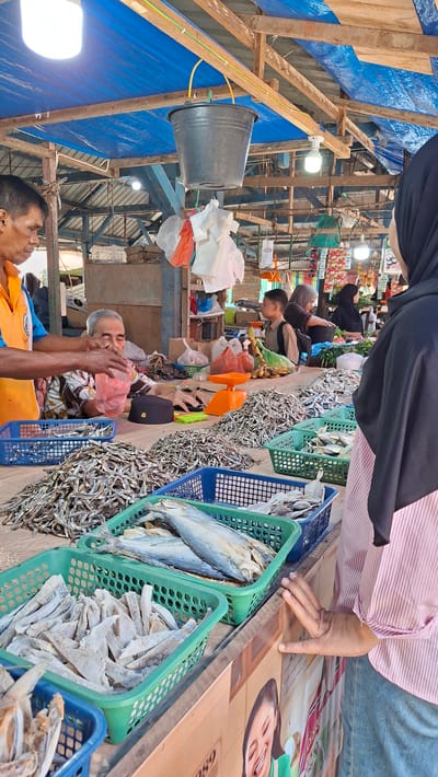 This is a photograph taken at an outdoor market in Dayahbaro, Indonesia. The scene is busy with people and stalls selling goods. In the foreground, a woman wearing a black hijab and a pink striped shirt stands facing away from the camera, looking at a market stall. Her hands are resting on the edge of the stall. The stall is laden with various types of dried fish arranged in green and blue plastic baskets. Two large, whole dried fish are visible in a green basket, and a pile of smaller dried fish is in a blue basket. Behind the woman, a man wearing an orange vest and blue shirt appears to be selling to an elderly man. The elderly man, wearing a patterned shirt and a black cap, is holding a pink plastic bag. Next to him is an orange scale. In the background, other people, including children, are visible browsing stalls. The market is covered by a blue tarp, supported by wooden beams and poles. Hanging from one of the beams is a large black bucket. The overall impression is a bustling marketplace with a focus on fresh and dried seafood.