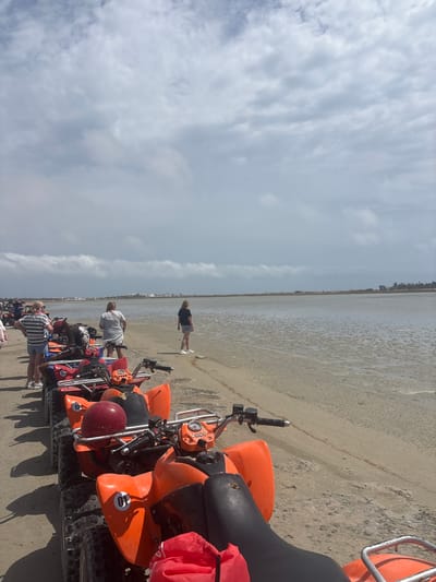 This image depicts a group of people and ATVs on a sandy shoreline in Tezdaine, Tunisia. In the foreground, several bright orange ATVs are parked in a line, facing towards the right of the frame. They are equipped with handlebars, seats, and visible tires. A red helmet rests on the handlebars of one ATV, and a red bag is visible near the front of another.

Further back, a line of people are standing, some appearing to be waiting or conversing. They are dressed in casual attire, including shorts and t-shirts. Some individuals are looking towards the water.

The environment consists of a sandy beach bordering a large body of water, which appears to be calm and possibly shallow, with visible ripples or textures on its surface. In the distance, the shoreline is lined with vegetation and structures, suggesting a populated area. The sky above is largely overcast with dramatic cloud formations, casting a diffused light over the scene. The overall impression is that of an outdoor recreational activity taking place in a coastal environment.