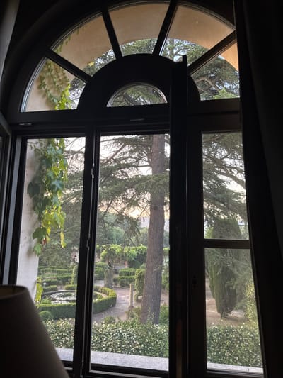 An intricate window frames a verdant scene. The window, with its distinctive rounded and paneled design, showcases a meticulously manicured garden. Formal hedges define pathways and structures. The window's sill supports thriving green vines that add a natural element to the architecture. Outside, towering trees provide a backdrop to the structured landscape.