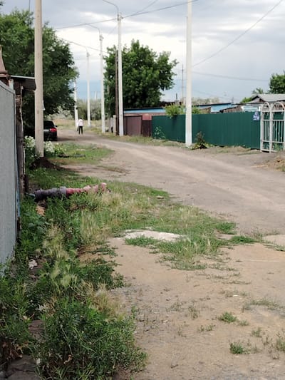 The image depicts a rural road in Ekibastuz, Kazakhstan, with a dirt surface and overgrown vegetation on the sides. A person in a white shirt and dark pants is walking away from the camera down the road. To the left of the road, there is a dark-colored car parked near a fence and some flowering bushes. On the right side of the road, there is a green fence, and further down, a white ornate gate. In the foreground, lying on the grassy verge, is a person dressed in dark clothing. The scene appears to be an outdoor environment under an overcast sky.