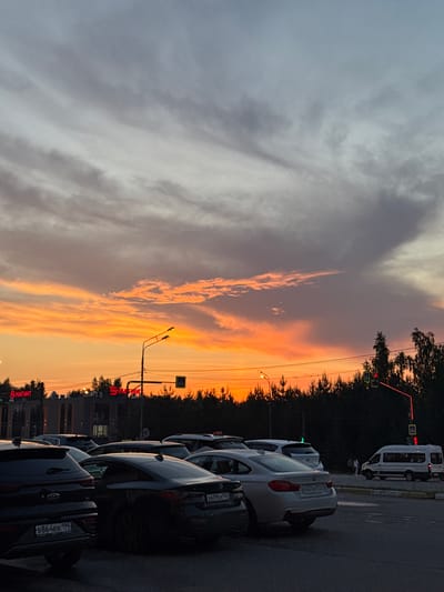 The image depicts a parking lot at dusk in Vniissok, Russia. A dramatic sunset with vibrant orange and pink clouds dominates the sky, contrasting with the darker hues of the trees and buildings below. Several dark-colored cars are parked in the foreground, including a black Kia. In the background, a white van is visible on a road, and a pedestrian crossing signal is illuminated. Buildings with illuminated red signs, possibly from a retail chain like Magnit, are situated behind the trees. The scene appears to capture a typical evening in a suburban or urban setting.