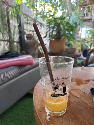 A close-up captures a plastic cup on a wooden table, partially filled with a yellow beverage and a brown straw. The cup features the logo of "Salamal Cafe And Bar Pai Choa Kha Resort." The background is blurred, revealing green plants, potted plants, and an outdoor setting. A partial view of a bench and a seat cushion are also visible. The image is taken from an angle.