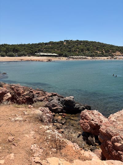 The image shows a coastal scene in the Vouliagmeni Municipal Unit, Greece. In the foreground, there are reddish-brown rocks and dry vegetation on a sandy, uneven terrain. The middle ground features a clear, turquoise body of water. In the background, a sandy beach is lined with numerous beach umbrellas and a white, open-air structure, possibly a restaurant or beach bar. Beyond the beach, a densely wooded hillside rises, covered in green trees. A clear blue sky dominates the upper portion of the image. Several people are visible on the beach, some are swimming in the water, and two individuals appear to be in the sea.