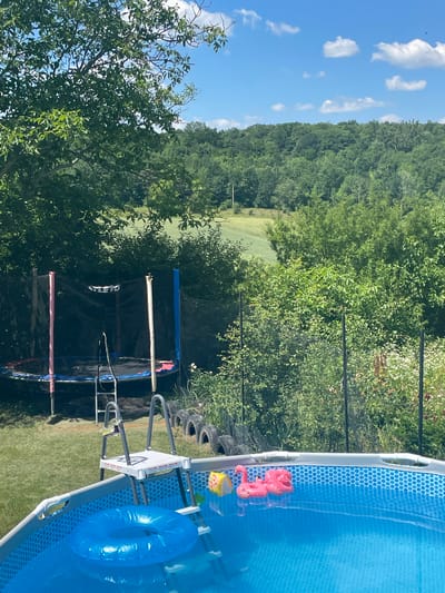A backyard scene in Velyka Berezovytsia, Ukraine features an above-ground swimming pool and a trampoline. The pool, filled with blue water, has a ladder with a white platform, a blue inflatable ring, a yellow inflatable toy, and a pink inflatable flamingo floating in it. Behind the pool, a trampoline with a black mat and safety net is set up. The yard is surrounded by lush green trees and foliage, with a distant view of rolling, tree-covered hills under a bright blue sky with scattered white clouds. The overall impression is a recreational outdoor space on a sunny day.