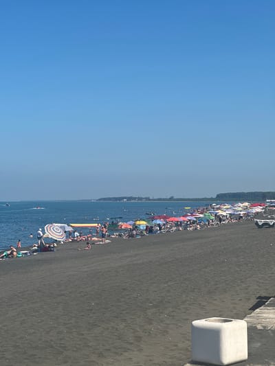 This is a wide-angle shot of a crowded beach in Ureki, Georgia, on a clear, sunny day. The beach has black sand and is lined with a multitude of colorful umbrellas and lounge chairs. Numerous people are scattered across the sand, some sunbathing, others socializing, and a few are in the shallow water. The sea is a deep blue, with several small boats visible in the distance, including what appears to be a jet ski. The shoreline curves gently into the distance, with a treeline and some structures visible far down the coast. In the foreground, a large, white, cube-shaped concrete bin sits on a concrete walkway. The overall scene depicts a typical summer day at a popular beach resort.