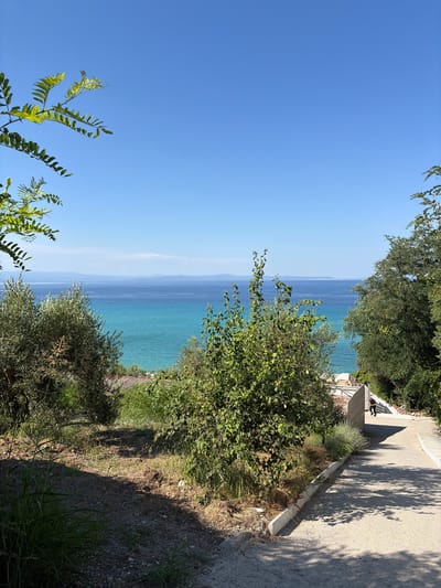 The image depicts a scenic view of the sea and a pathway on a sunny day. The scene is dominated by the vast expanse of the bright blue sky and the turquoise waters of the sea, which stretch to the horizon. In the foreground and midground, lush green trees and vegetation line the edge of a sandy or gravel pathway. The pathway itself is bathed in sunlight, with distinct shadows cast by the surrounding trees, suggesting it is midday.
Along the pathway, there are glimpses of white structures that might be part of a building or terraced landscaping. A person can be seen in the background, sitting or standing near these structures. The overall impression is one of a serene coastal environment, likely a popular spot for recreation or relaxation, given the presence of the pathway and the building. The clear sky and vibrant colors suggest pleasant weather conditions, conducive to outdoor activities. There is no visible text in the image. The orientation of the image is portrait, with the horizon running vertically.