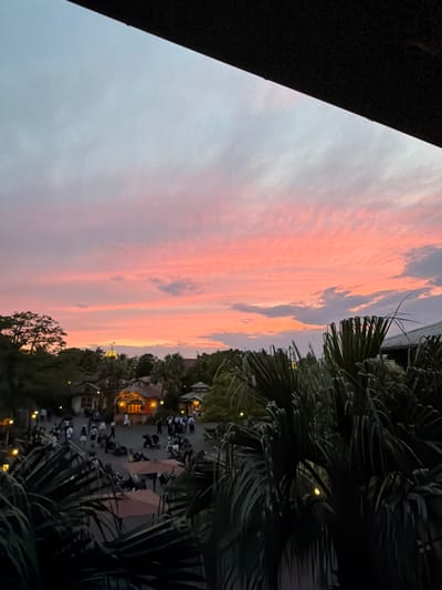 The image depicts a twilight scene with a vibrant sky painted in shades of pink and orange, indicative of a sunset. In the foreground, lush, dark green palm fronds dominate the lower portion of the frame, obscuring parts of the scene below. Beyond the foliage, a cluster of buildings with warm, illuminated windows suggests a commercial or entertainment area. People are visible walking and gathered in open spaces between the buildings. The architectural style of the buildings appears to be somewhat rustic or themed, possibly resembling a resort or theme park. In the distance, a distinctive golden dome structure rises above the treeline, illuminated against the colorful sky. This scene is likely located in Urayasu, Japan, a city known for its large entertainment complexes. The overall atmosphere is one of a peaceful evening in a lively, possibly tourist-oriented, location.