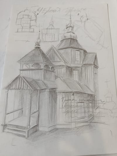 This is a pencil sketch on paper, depicting an architectural drawing of a wooden church. The central subject is a multi-tiered church with a prominent dark roof and several smaller cupolas topped with crosses. The drawing includes detailed architectural elements such as windows, wooden siding, a covered porch with steps, and supporting beams.
In the background, there are smaller, less detailed sketches of church structures, including what appears to be a section of a larger building with multiple levels and a dome. There are also faint, scribbled outlines of what might be other buildings or planning sketches.
Visible text in the sketch is in Cyrillic script. Some legible phrases include "Троицкая церковь" (Trinity Church) and "Витебская" (Vitebsk), suggesting the church is located in Vitebsk, Belarus. Other text is more difficult to decipher due to the sketchiness of the writing and its overlay by other lines.
The style of the sketch is rough, with visible pencil strokes and shading, indicating it is a study or preliminary drawing rather than a finished artwork. There are no people depicted. The overall scene is static, focusing solely on the architectural forms of the church and its surrounding elements. The drawing appears to be an exploration of the church's structure and design, possibly for an artist or architect.