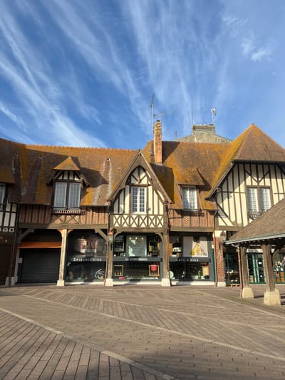 The image captures a view of a street in Deauville, France, featuring a row of traditional half-timbered buildings under a bright blue sky with wispy clouds. The buildings are adorned with reddish-orange tiled roofs, some of which show signs of age and moss. The architecture is characterized by dark wooden beams contrasting with cream-colored infill and brickwork on the lower levels.
Several storefronts are visible at street level. From left to right, the first unit appears to be a closed shop with a dark roll-down shutter and an orange awning. Next is a shop labeled "EPICERIE FINE," displaying bottles and products behind its glass facade. To its right, a shop named "LES ACCORDS PARFAITS" showcases various bottles and displays. Further to the right, a shop with the sign "CAVE A VINS" indicates a wine cellar. The last visible shop has a green entrance with wooden posts and appears to be labeled "MAIRIE DU M..." suggesting a town hall or municipal building.
The ground in front of the buildings is paved with stone or brick laid in a patterned arrangement, with some areas casting shadows, indicating the time of day. The overall scene depicts a charming and somewhat historic commercial street in the seaside town of Deauville. There are no people visible in the image.