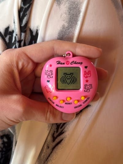 The image features a close-up shot of a light-skinned hand holding a pink, heart-shaped virtual pet device. The device, reminiscent of a Tamagotchi, is the central focus and is held horizontally by the fingers of the right hand, with the thumb resting near the right-side buttons.
The device itself is bright pink and has a small, square, green-tinted LCD screen in the center, which displays a pixelated character that appears to be a digital pet. Above, below, and around the screen are various small, pixelated icons, including a house, hearts, stars, and other undefined symbols. On the left side of the device, written vertically, is the brand name "Han Cheng" accompanied by two small heart icons. A small metal keychain loop is visible on the upper left edge of the device.
To the right of the screen, there are five small, round, yellow buttons arranged vertically. Next to these buttons, also written vertically, are the labels for their functions: "CANCEL", "DECIDE", "RESET", "SELECT", and "STATUS" (from top to bottom).
The background consists of soft, light-colored fabric, possibly part of clothing or bedding, which has an abstract pattern of dark grey and black shapes that resemble organic forms like branches or flowing lines. The lighting suggests an indoor setting, likely during the day, providing soft illumination to the scene. The image captures a moment of interaction with a retro-style electronic toy.