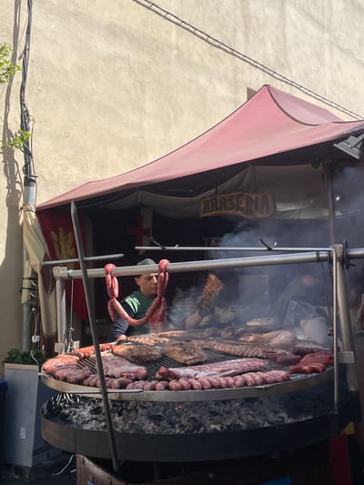 The image captures a street food stall in Hostalric, Spain. A large, round grill filled with various meats, including sausages and ribs, dominates the scene. Smoke rises from the grill. A person in a green shirt is attending the grill. A red awning covers part of the stall. A sign reads "BRASSERIA." A flag is visible under the awning. The stall is set against a light-colored building wall. Power lines and some foliage are visible at the bottom of the image.
