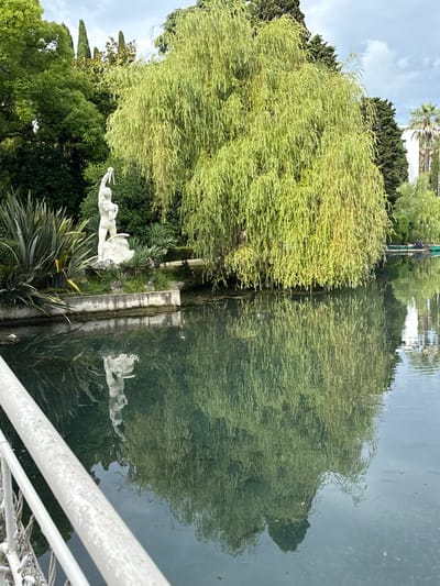 The image depicts a serene outdoor scene in New Athos, Abkhazia. In the foreground, a white metal railing runs diagonally across the frame, partially obscuring the view. Beyond the railing, a body of water, likely a lake or pond, reflects the surrounding environment. To the left of the water, a white marble statue of a muscular male figure stands on a stone pedestal adorned with greenery. The statue is positioned near a concrete wall bordering the water.

Dominating the background is a large, weeping willow tree with vibrant green foliage, its branches cascading towards the water. Behind the willow, various trees, including tall cypress-like evergreens and palm trees, create a lush, verdant backdrop under a cloudy sky. The reflection of the statue and the weeping willow is clearly visible on the calm surface of the water, creating a symmetrical effect. A small green boat is docked on the far side of the water, adding a subtle human element to the tranquil landscape. The overall impression is one of natural beauty and peaceful contemplation within a well-maintained park or garden setting.