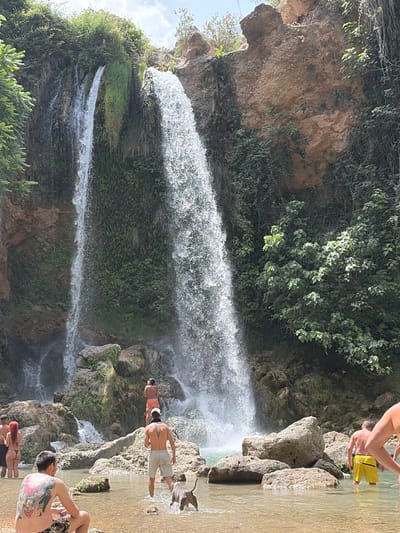 In Anna, Spain, a cascading waterfall dominates a rocky, lush green landscape. Several people are present in the shallow water at the base of the falls. In the foreground, a man with an intricate back tattoo is seated, facing away from the camera. To his right, a man in light-colored shorts is standing in the water, and a dog is running in front of him. Further back, a person in red shorts stands facing the waterfall. On the left side of the frame, two individuals, one with red hair, are partially visible in the water. The waterfall creates a misty spray as it plunges over the rocks, surrounded by dense vegetation. The water is clear and reflects the sunlight.