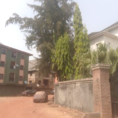 The image presents an unpaved street scene in Abakaliki, Nigeria, under a bright, hazy sky. The foreground consists of reddish-brown dirt ground. To the right, a grey concrete perimeter wall with a reddish-brown brick pillar and a black metal gate section establishes a property line. Behind this wall, bright green, slender, conical trees and shorter palm-like plants are visible, partially obscuring a modern, multi-story building with a light-colored facade and a dark roof.
In the midground, a dark-colored vehicle is parked on the dirt, fully covered by a brown/grey car cover. Behind it, a black sedan is parked near a multi-story building in the background. To the left, a multi-story residential building features a greenish-brown facade with lighter-colored balcony accents, multiple windows, and three white satellite dishes. A large, broad-leafed tree with dense green foliage occupies the upper left portion of the frame. In the central background, a weathered, lighter-colored multi-story building with a grey corrugated roof is visible. No human subjects are discernible within the scene.