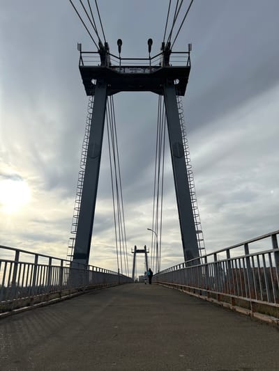 The image displays a low-angle perspective of a cable-stayed pedestrian bridge in Voskresensk, Russia, under an overcast sky with a hazy sun visible in the upper-left quadrant. In the foreground, two prominent dark grey A-frame pylon towers rise vertically, each equipped with a full-height ladder on its inner face and multiple suspension cables extending upwards from its apex. Streetlights are mounted on the platform atop these pylons. The bridge's deck consists of an asphalt walkway, flanked on both sides by metal railings exhibiting signs of rust and deterioration. Further along the bridge, a smaller, identical pylon structure is visible in the mid-distance. Two individuals, observed from behind and partially silhouetted against the ambient light, are walking away from the camera on the right side of the pedestrian path in the mid-ground. The distant landscape beyond the bridge railings is indistinct.