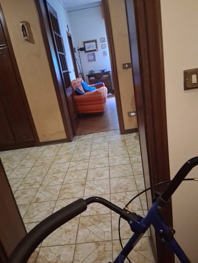The image shows a tiled floor in what appears to be an interior hallway or living space. To the left, a dark wooden door or wardrobe is visible. Further into the background, through an open doorway, an orange sofa with blue cushions can be seen in another room. There are framed pictures on the wall in that background room, along with a dark wooden furniture piece. The foreground is dominated by the handlebars and frame of a blue walker. Light emanates from an overhead source, casting shadows and illuminating the tiled floor. The image captures a domestic environment, possibly in Colorno, Italy, given the context provided.