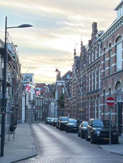 The image depicts a street scene in 's-Hertogenbosch, Netherlands. The perspective is from a street corner, looking down a cobblestone street lined with multi-story brick buildings. On the left side of the street, scaffolding is erected against a building, and there is a lamppost with a modern design. Dutch flags are visible hanging from some of the buildings.
On the right side of the street, a row of parked black SUVs are lined up along the curb. The architecture of the buildings on the right is more ornate, featuring arched windows and decorative brickwork. A circular red and white "no entry" sign is posted on a pole near the parked cars. The sky above is cloudy with patches of soft sunlight. No people are visible in the image.