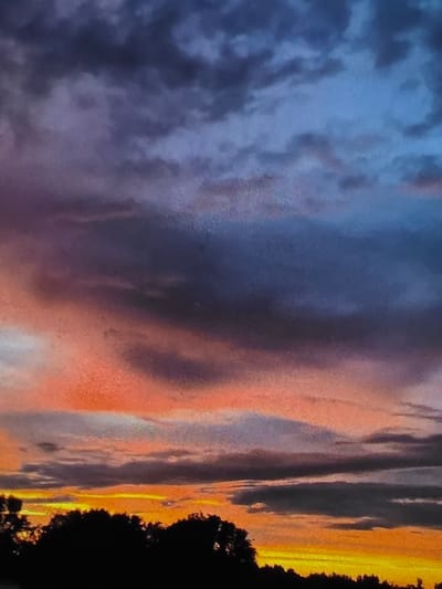The image depicts a dramatic sky filled with clouds at sunset or sunrise. The sky transitions from deep blues and purples at the top to vibrant oranges and yellows closer to the horizon. Dark silhouetted trees form a dense line along the bottom of the frame, indicating a natural landscape or park area within the city. The lighting suggests dusk or dawn, casting a warm glow over the scene. No people or specific landmarks of Dubno, Ukraine are identifiable.